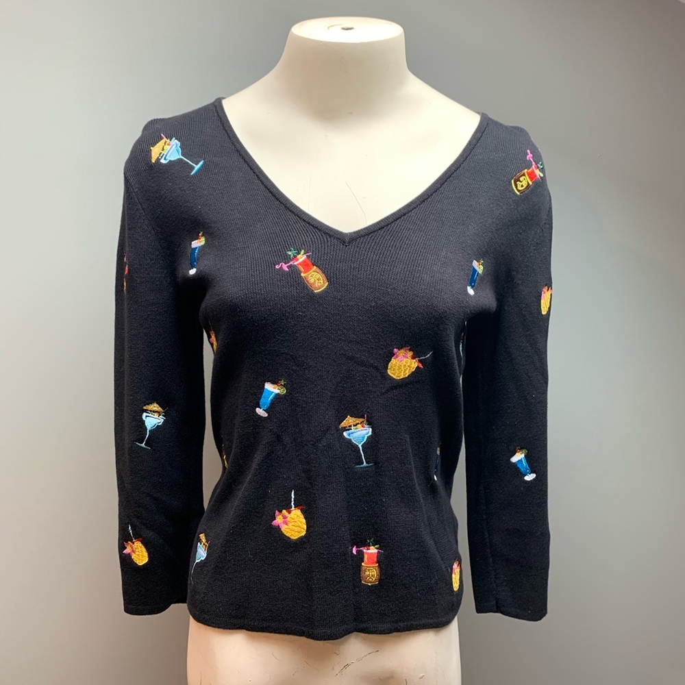 Vintage Black Top with Cocktail Embroidery